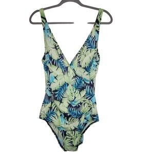 Jantzen Classics One Piece Swimsuit Size 14 Blue Green Leaf Print  Side‎ Ruching
